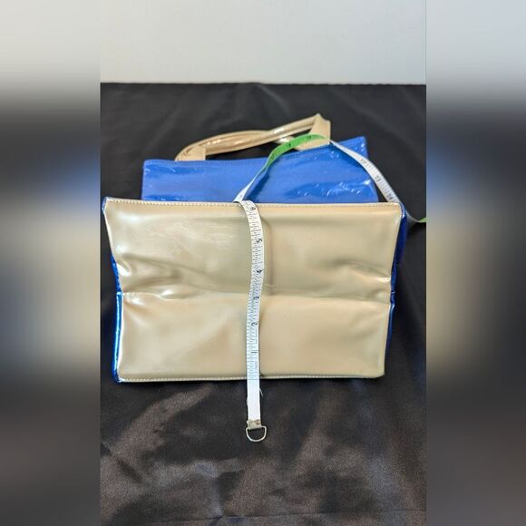 Clinique Tote Large Cosmetic Case Metallic Blue Tan Gold Handle Vinyl Patent - Picture 9 of 9